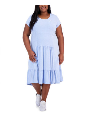 Tommy Hilfiger Plus Size 2X Blue Short-Sleeve Tiered Midi Dress NWT
